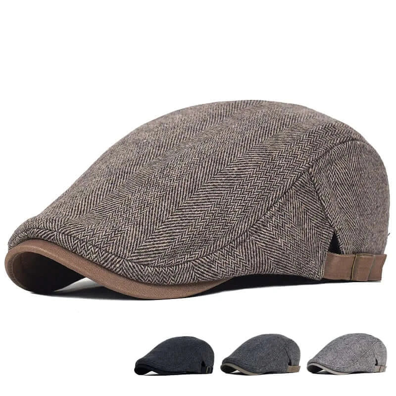 Classic men's herringbone cap made of thick wool, featuring a stylish design in shades of gray.