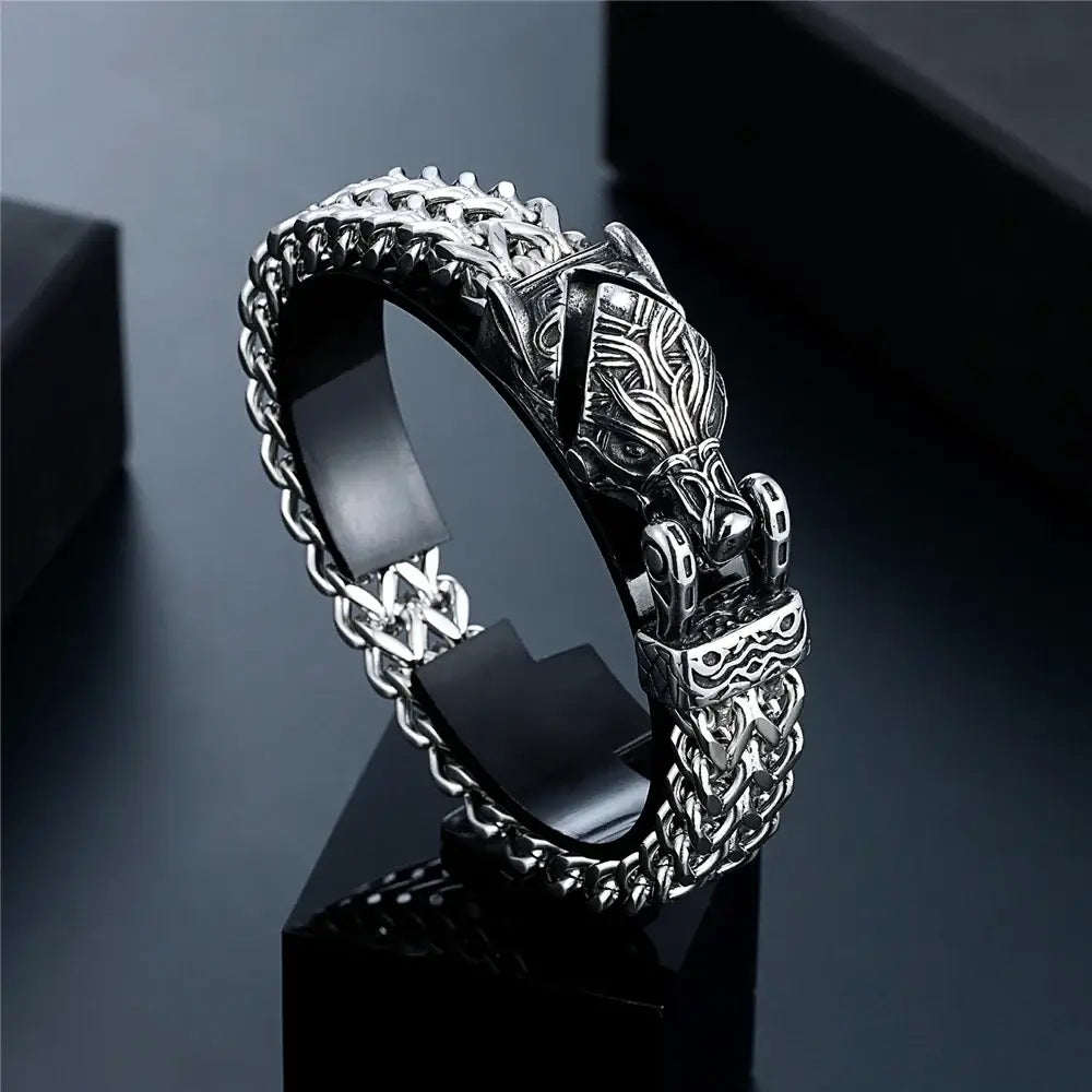 Bracelet animaux celtes en métal acier, motif celtique avec tête d'animal, élégant et unique.