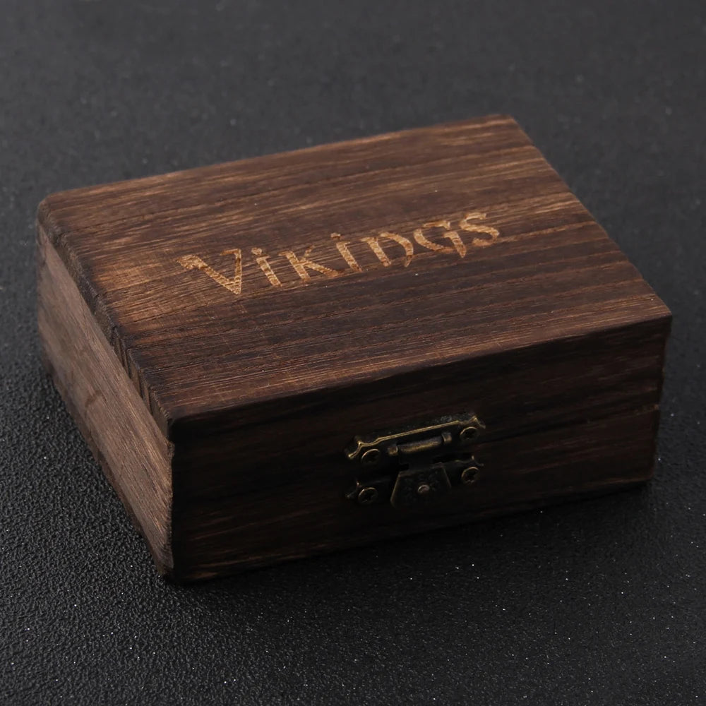 Wooden box engraved with 'Vikings', ideal for storage or decor with a rustic design.