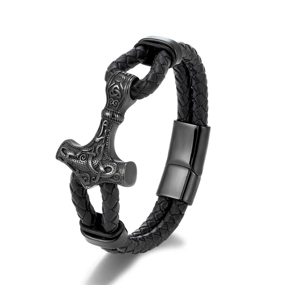Black leather bracelet featuring an intricately designed Thor's hammer charm.