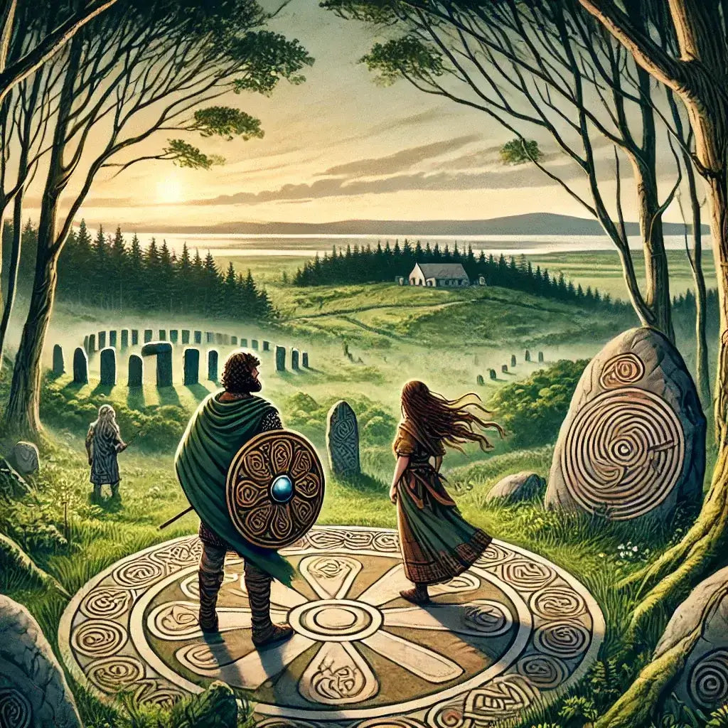Ancient Celtic landscape with stone circles and figures, showcasing rich heritage and mystical beauty.