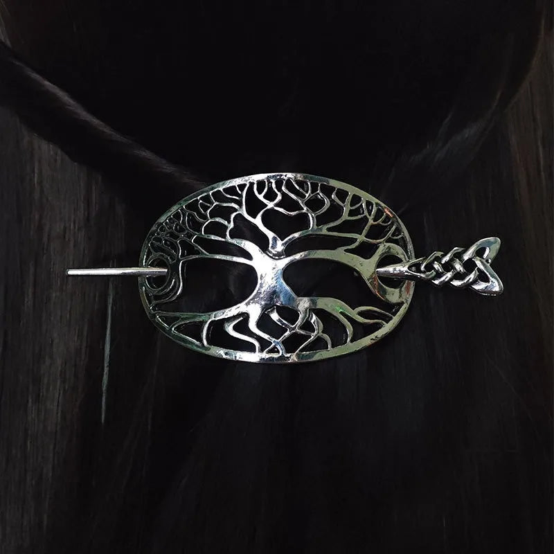 Celtic design hair barrette featuring intricate tree and knot patterns, ideal for elegant hairstyles.
