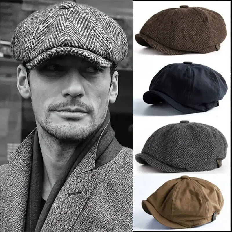 Homme portant une casquette Gavroche en tweed, avec différentes options de casquettes en arrière-plan.