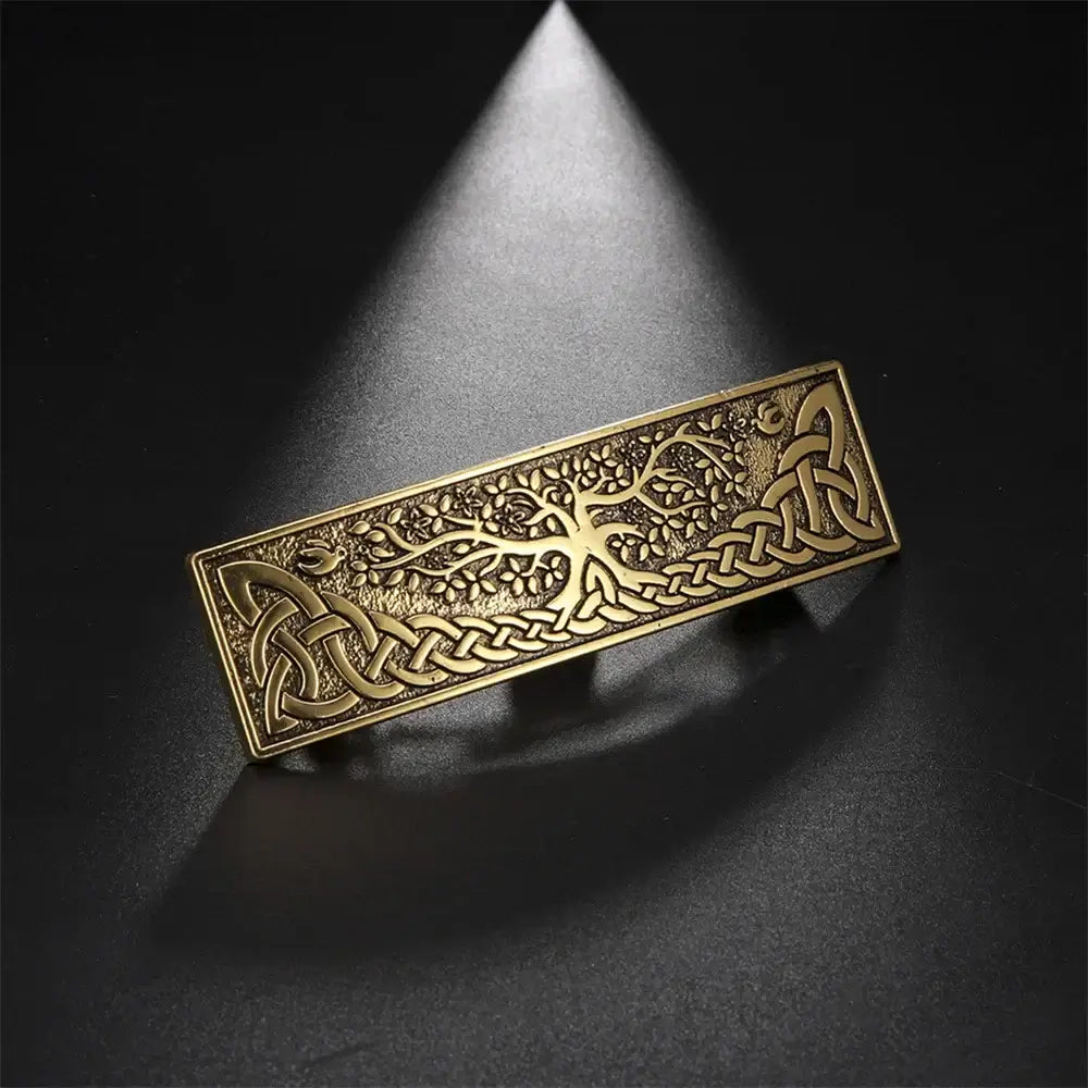 Celtic design hair barrette featuring intricate tree and knot patterns, ideal for elegant hairstyles.