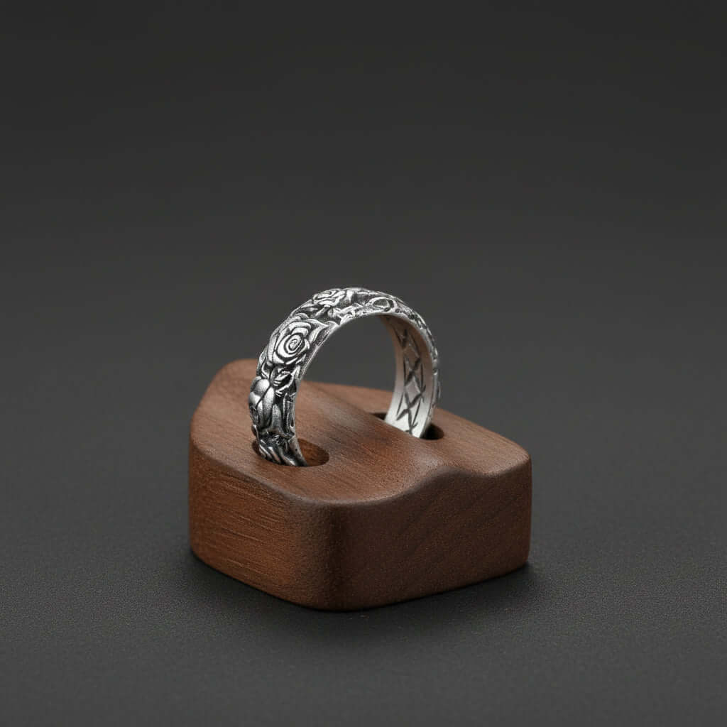 bague vintage roses en cuivre plaqué argent ancien, sur support en bois, design floral.