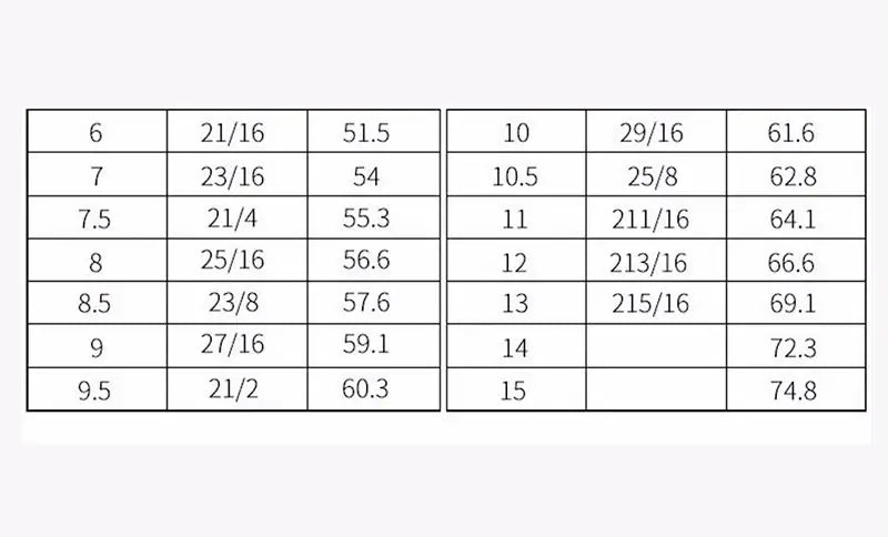 Tableau des tailles pour la bague du sorcier en acier inoxydable, indiquant dimensions et mesures.