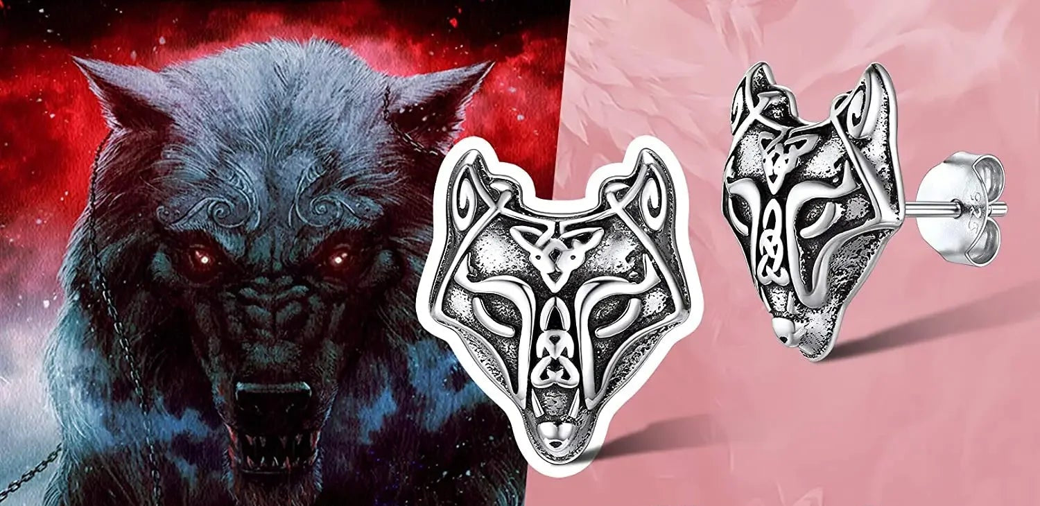 Boucles d'oreilles tête de loup viking en argent sterling avec design gravé, légères et hypoallergéniques.