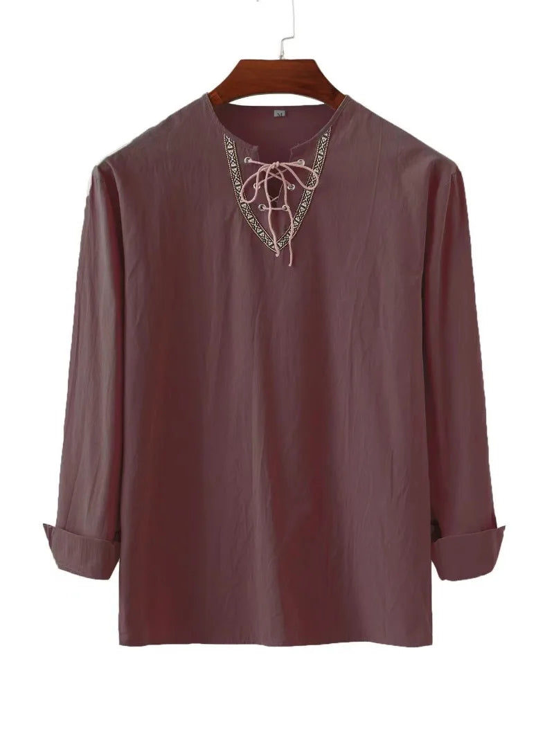 Chemise Vikings en coton et lin pour hommes avec détail à lacet en col et manches longues