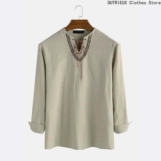 Chemise Vikings en coton et lin pour hommes, légère et confortable, avec détail de lacet à l'encolure.