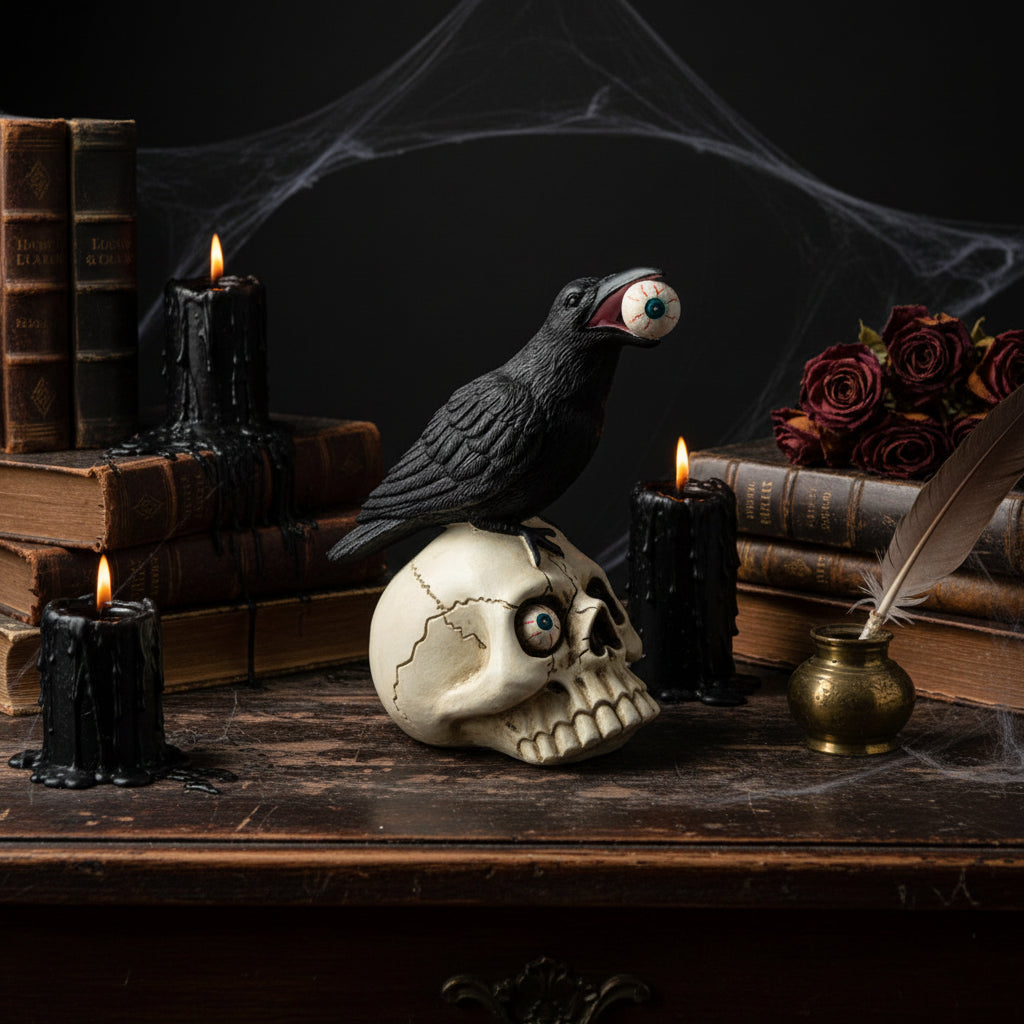 Corbeau des Âmes figurine de crâne en résine avec corbeau, bougies et livres sombres pour Halloween