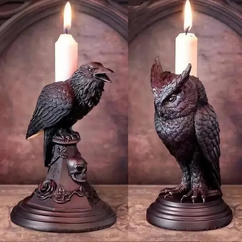 Porte bougie hiboux et corbeau, bougeoirs en résine avec un hibou et un corbeau, ajout de mystère à la décoration.