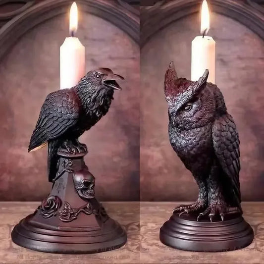 porte bougie hiboux et corbeau