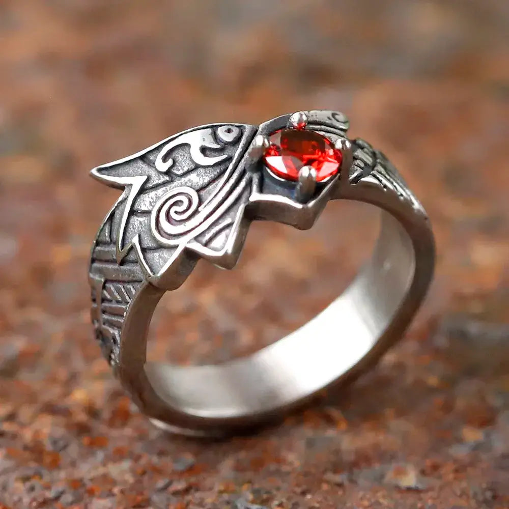 bague loup celte en acier titane avec zirconium rouge au design squelette punk