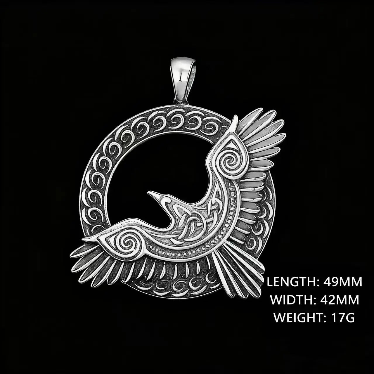Collier Corbeau d'Odin en argent, longueur 49mm, largeur 42mm, poids 17g, symbole de pouvoir et de mythologie nordique.