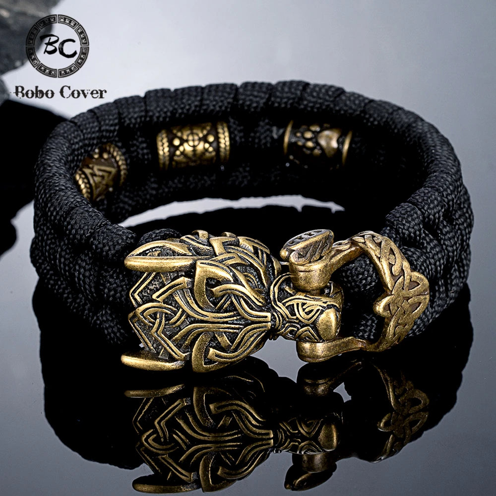 Bracelets de loup runes viking avec fermoir en bronze et tressage noir.