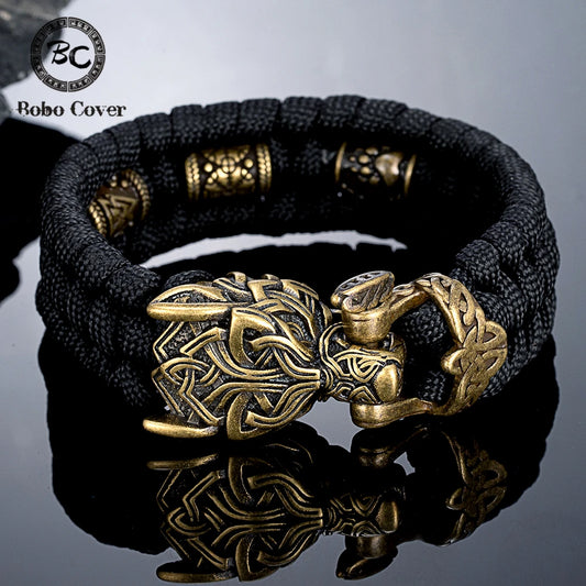 Bracelets de loup runes viking avec fermoir en bronze et tressage noir.