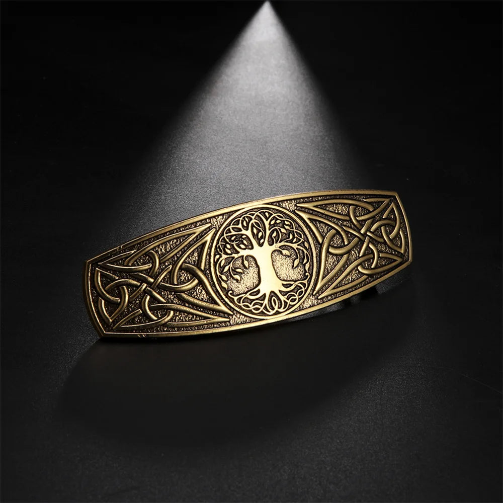 Celtic hair barrette featuring intricate tree of life and knotwork design, beautifully crafted in bronze.