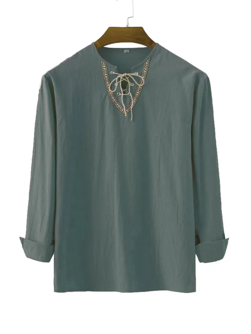 Chemise Vikings en coton et lin pour hommes, chemise viking bleue avec col en broderie.