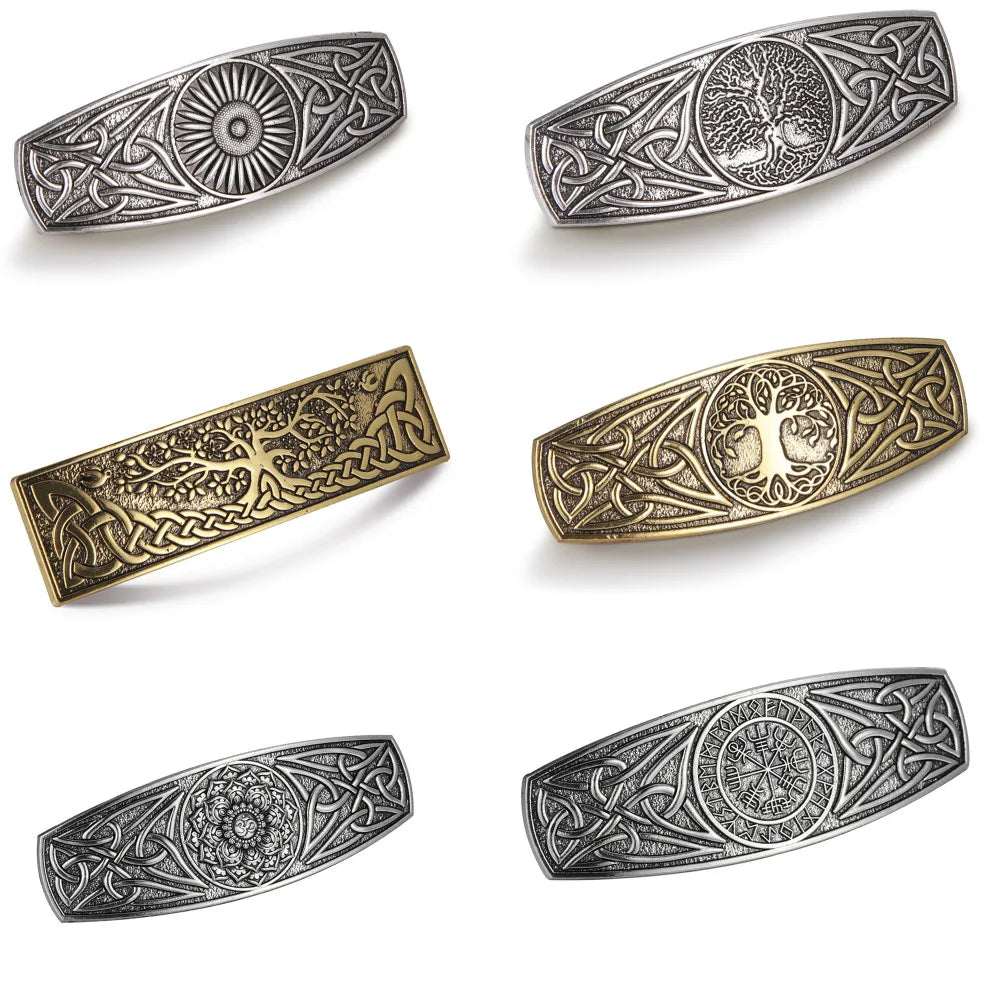 Celtic hair barrettes featuring intricate designs in silver and gold, showcasing nature and Celtic symbols.