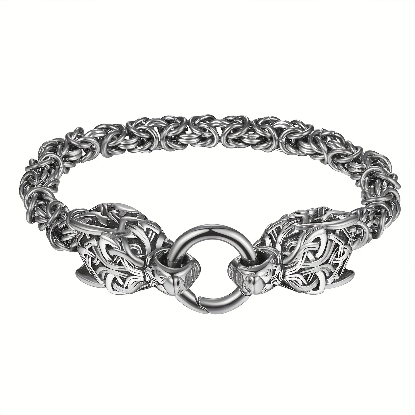 Bracelet Viking Tête de Loup en acier inoxydable, design raffiné inspiré de la mythologie nordique.