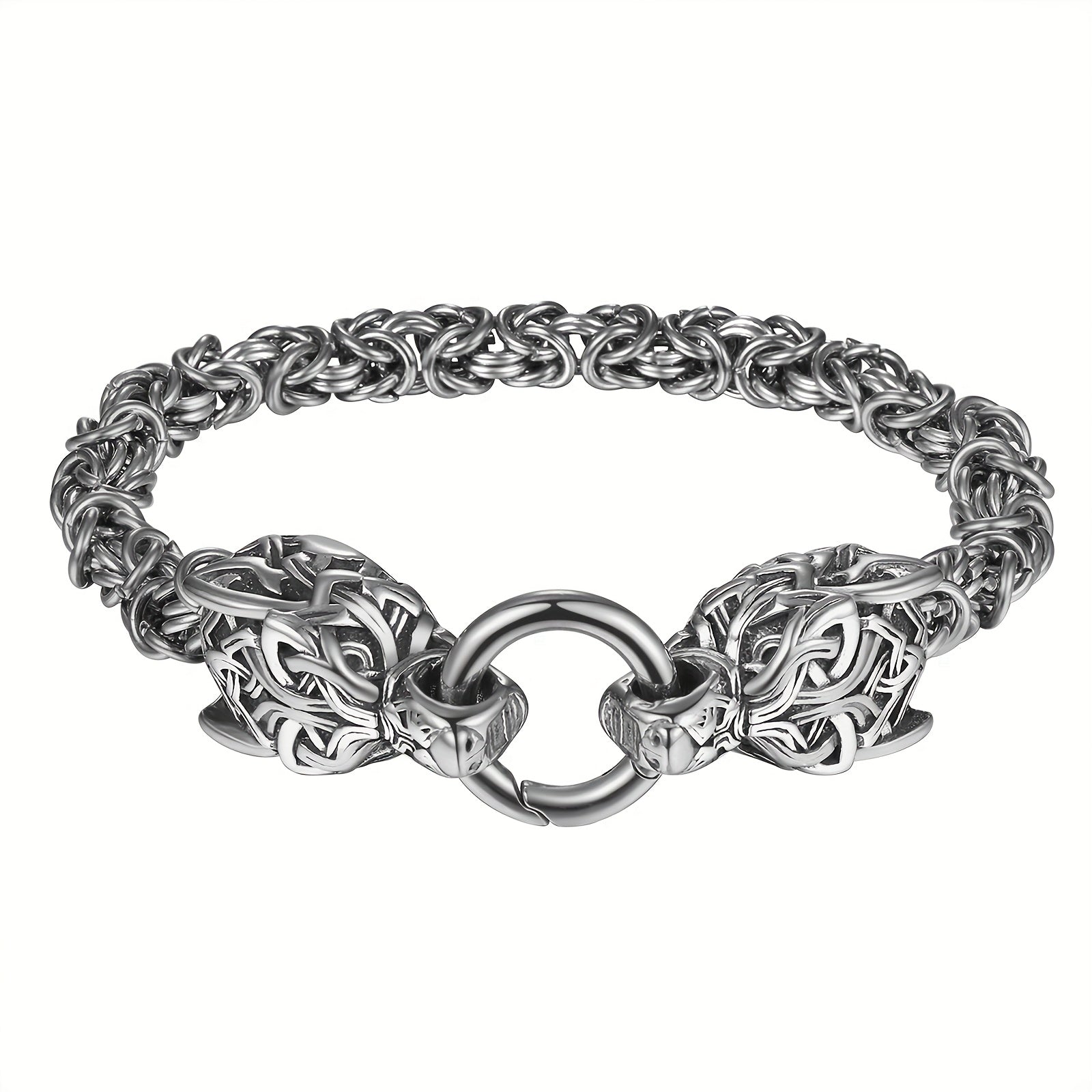 Bracelet Viking Tête de Loup en acier inoxydable, design raffiné inspiré de la mythologie nordique.