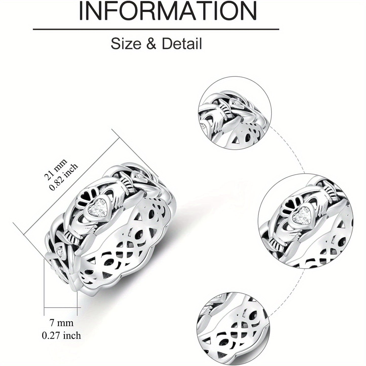 Détails de la bague Claddagh pour femme, taille 21 mm x 7 mm avec design en argent 925.