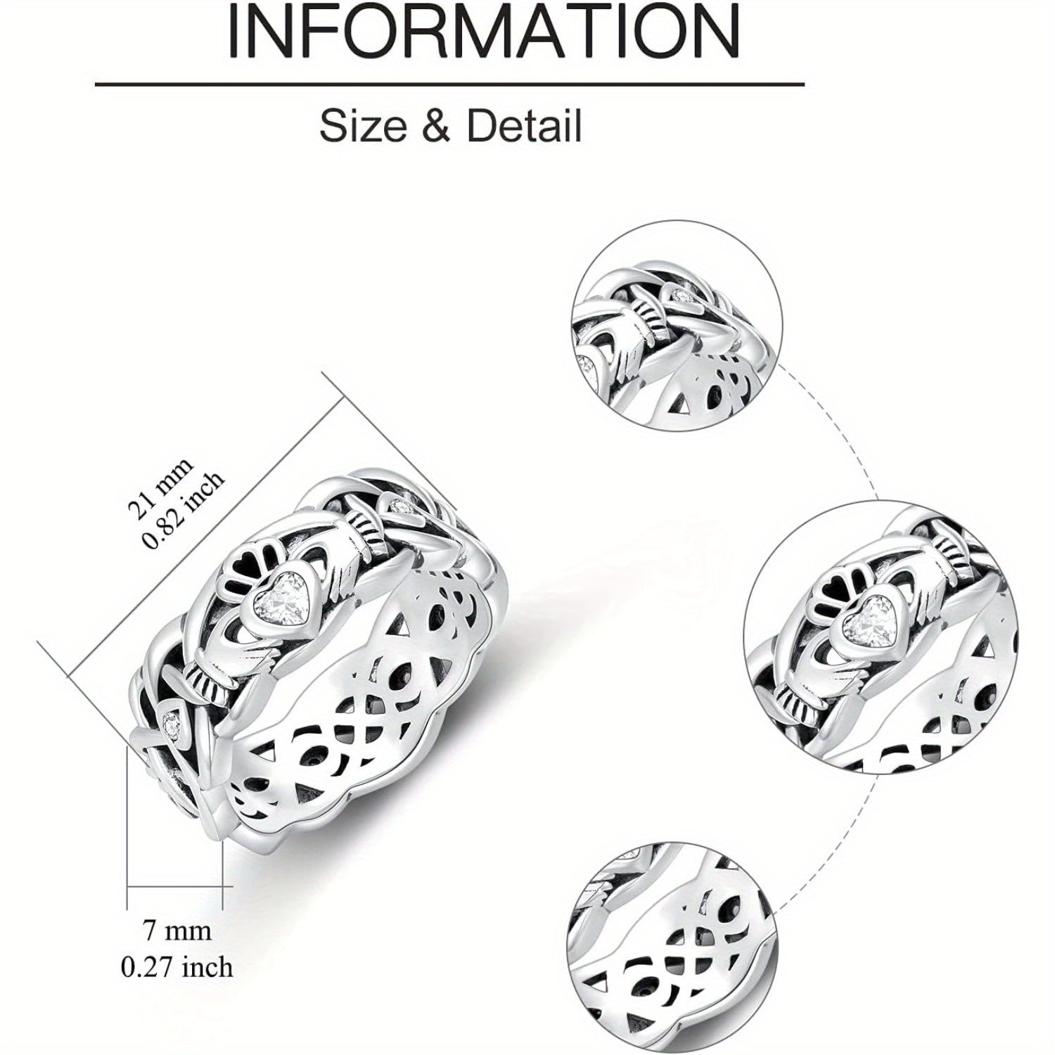 Détails de la bague Claddagh pour femme, taille 21 mm x 7 mm avec design en argent 925.