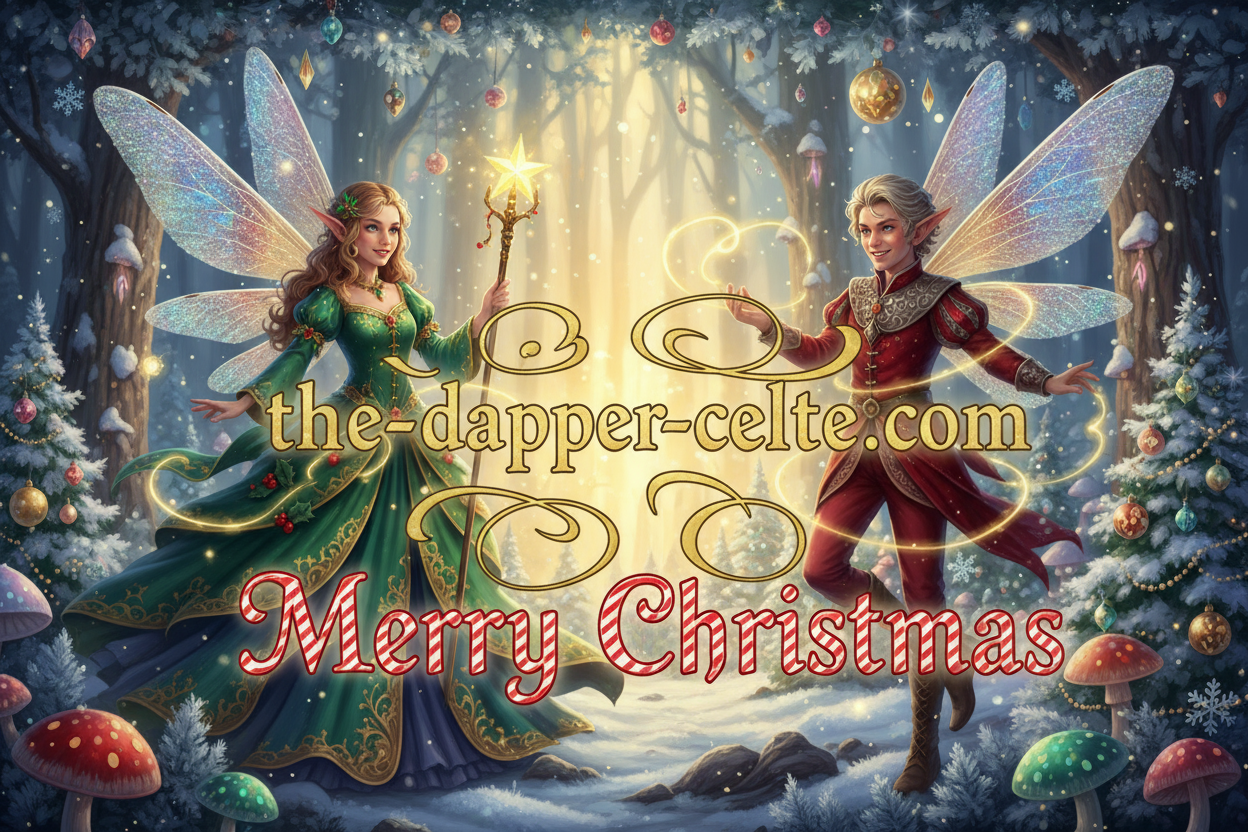 deux elfes avec ailes style féerique autour du nom de mon magasin et en dessous ecris merry christmass